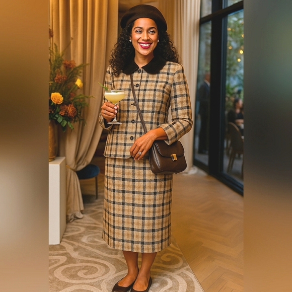 Vintage Burberry Large Skirt Suite & Jacket Plaid Detachable Faux Fur Collar - Picture 3 of 16